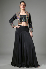 Black Crepe Silk Embroidered Crop Top with Mermaid Cut Lehenga and Jacket