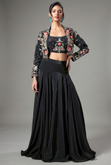 Black Crepe Silk Floral Embroidered Crop Top with Mermaid Cut Lehenga and Jacket