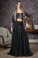 Black Crepe Silk Floral Embroidered Crop Top with Mermaid Cut Lehenga and Jacket