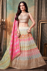 Cream Organza Multi Thread Embroidered Lehenga with Sequin Work