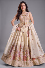 Cream Chinon Floral Embroidered Lehenga with Long Blouse