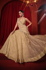 Metallic Beige Crushed Tissue Festive Lehenga Choli