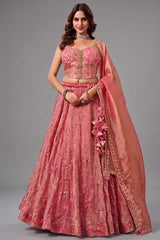 Onion Pink Brocade Lehenga with Crushed Tissue Dupatta and Embroidered Choli