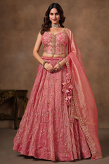 Onion Pink Brocade Lehenga with Crushed Tissue Dupatta and Embroidered Choli