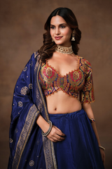 Dark Blue Banarasi Kinkhab and Dola Silk Heritage Lehenga Choli