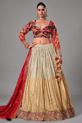Cream and Gold Tissue Lehenga with Patola Choli and Rust Red Embroidered Dupatta