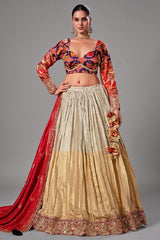 Cream and Gold Tissue Lehenga with Patola Choli and Rust Red Embroidered Dupatta