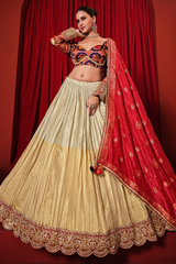 Cream and Gold Tissue Lehenga with Patola Choli and Rust Red Embroidered Dupatta