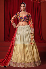 Cream and Gold Tissue Lehenga with Patola Choli and Rust Red Embroidered Dupatta