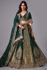 Deep Forest Green Kimkhab Silk Panelled Lehenga with Heavy Worked Border