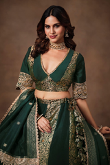 Deep Forest Green Kimkhab Silk Panelled Lehenga with Heavy Worked Border