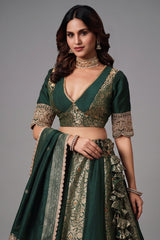Deep Forest Green Kimkhab Silk Panelled Lehenga with Heavy Worked Border