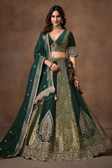 Deep Forest Green Kimkhab Silk Panelled Lehenga with Heavy Worked Border