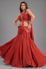 Rust Orange Satin Crepe Silk Draped Skirt Set with Halter-Neck Pleated Bustier and Attached Dupatta