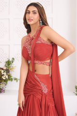 Rust Orange Satin Crepe Silk Draped Skirt Set with Halter-Neck Pleated Bustier and Attached Dupatta