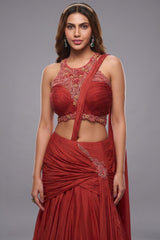 Rust Orange Satin Crepe Silk Draped Skirt Set with Halter-Neck Pleated Bustier and Attached Dupatta
