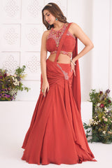 Rust Orange Satin Crepe Silk Draped Skirt Set with Halter-Neck Pleated Bustier and Attached Dupatta