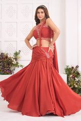 Rust Orange Satin Crepe Silk Draped Skirt Set with Halter-Neck Pleated Bustier and Attached Dupatta