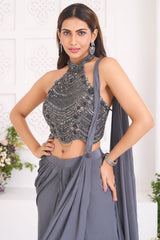 Charcoal Grey Pre-Draped Skirt Set featuring Halter-Neck Sequin Cutdana Bustier with Attached Dupatta