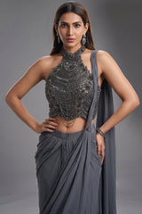 Charcoal Grey Pre-Draped Skirt Set featuring Halter-Neck Sequin Cutdana Bustier with Attached Dupatta