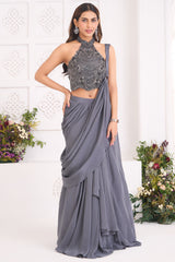 Charcoal Grey Pre-Draped Skirt Set featuring Halter-Neck Sequin Cutdana Bustier with Attached Dupatta