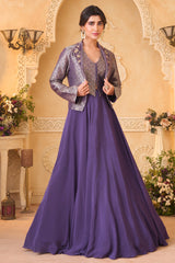 Deep Purple Crepe Satin Silk Flare Lehenga featuring Tailored Brocade Cropped Jacket and Corset Set