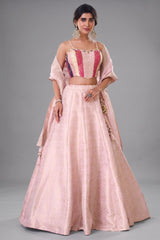 Pastel Pink Brocade Lehenga Set featuring Paneled Multi-Tonal Woven Corset and Banarasi Dupatta
