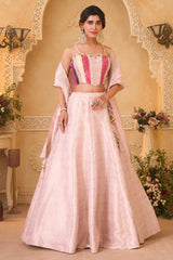 Pastel Pink Brocade Lehenga Set featuring Paneled Multi-Tonal Woven Corset and Banarasi Dupatta