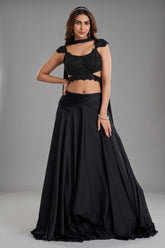 Midnight Black Chinon Satin Layered Lehenga with Heavily Hand-Embellished Cutout Blouse and Choker Dupatta