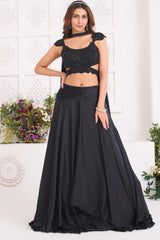 Midnight Black Chinon Satin Layered Lehenga with Heavily Hand-Embellished Cutout Blouse and Choker Dupatta