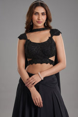 Midnight Black Chinon Satin Layered Lehenga with Heavily Hand-Embellished Cutout Blouse and Choker Dupatta