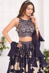 Deep Wine Purple Woven Lehenga Set featuring Sequin Cutdana Illusion Crop Top