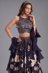Deep Wine Purple Woven Lehenga Set featuring Sequin Cutdana Illusion Crop Top