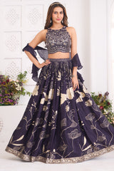 Deep Wine Purple Woven Lehenga Set featuring Sequin Cutdana Illusion Crop Top