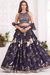 Deep Wine Purple Woven Lehenga Set featuring Sequin Cutdana Illusion Crop Top