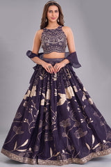 Deep Wine Purple Woven Lehenga Set featuring Sequin Cutdana Illusion Crop Top