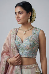 Multicolor Pastel Panelled Organza Lehenga Choli with Peacock Sequin Embroidery