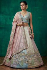 Multicolor Pastel Panelled Organza Lehenga Choli with Peacock Sequin Embroidery