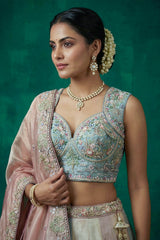 Multicolor Pastel Panelled Organza Lehenga Choli with Peacock Sequin Embroidery