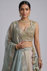 Multicolor Mint Panelled Organza Lehenga Choli with Botanical Peacock Embroidery