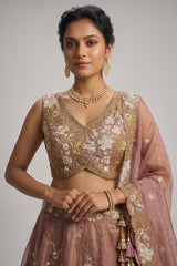 Rose Gold Metallic Tissue Lehenga Choli with Ivory Floral Sequin & Bead Embroidery