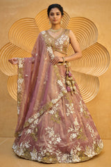 Rose Gold Metallic Tissue Lehenga Choli with Ivory Floral Sequin & Bead Embroidery