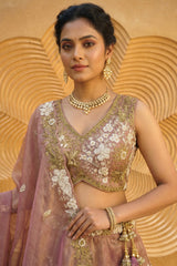 Rose Gold Metallic Tissue Lehenga Choli with Ivory Floral Sequin & Bead Embroidery