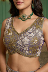 Dusty Purple Metallic Tissue Lehenga Choli with Royal Floral Sequin & Bead Embroidery