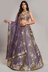 Dusty Purple Metallic Tissue Lehenga Choli with Royal Floral Sequin & Bead Embroidery