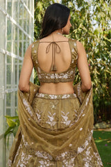 Golden Olive Metallic Tissue Lehenga Choli with Ivory Floral Sequin & Bead Embroidery