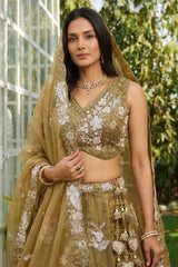 Golden Olive Metallic Tissue Lehenga Choli with Ivory Floral Sequin & Bead Embroidery