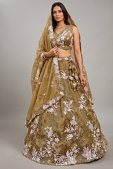 Golden Olive Metallic Tissue Lehenga Choli with Ivory Floral Sequin & Bead Embroidery