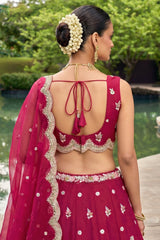 Deep Cherry Red Tissue Lehenga Choli with Pastel Scalloped Floral & Mirror Work