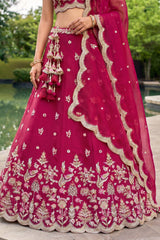 Deep Cherry Red Tissue Lehenga Choli with Pastel Scalloped Floral & Mirror Work